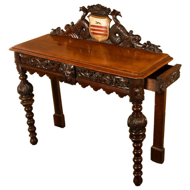 Antique Carved Oak Hall Table Skipworth Family Painted Royal Coat of Arms 1860 For Sale - Image 13 of 18