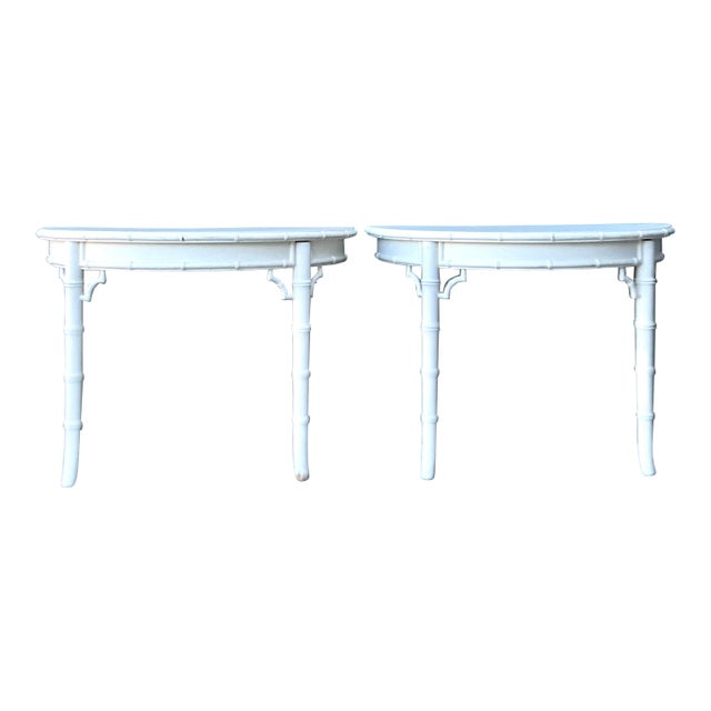 Vintage Faux Bamboo Wall Mount Demilune Console Tables - A Pair For Sale