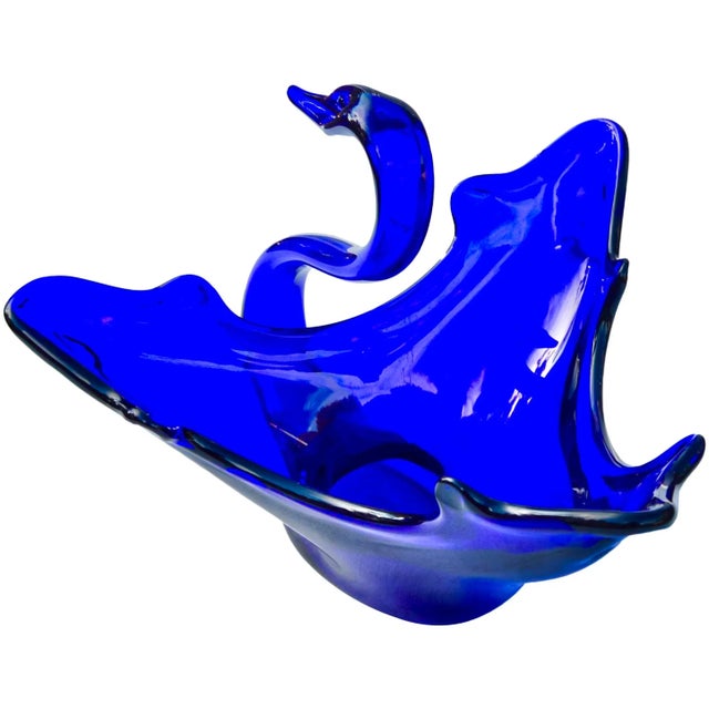Mid 20th Century Mid-Century Handblown Cobalt Blue Art-Glass Swan Centerpiece For Sale - Image 5 of 9