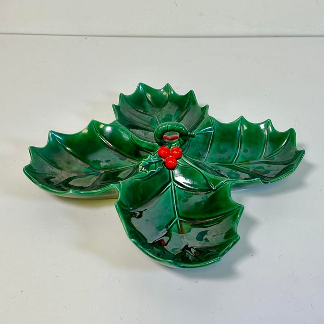 Ceramic Mid 20th Century Americana Folk Art Ceramic Divided Christmas Holly Dish For Sale - Image 7 of 10