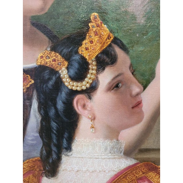 Very large oil on framed canvas with 3 beautiful ladies seated in a rich interior. The symbolism can enlighten us on the...