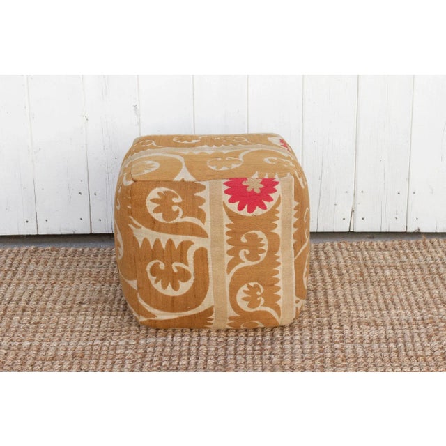 Tan Zebo Antique Suzani Cube Ottoman For Sale - Image 8 of 8