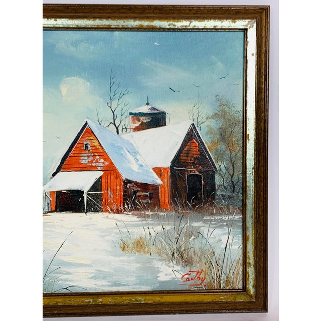 1980s Cabin Barn In Snowy Winter Woods Landscape Signed Oil