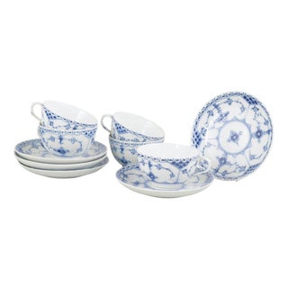 Blue Fluted Half Lace Cups and Saucers from Royal Copenhagen, 1920s, Set of 10 For Sale