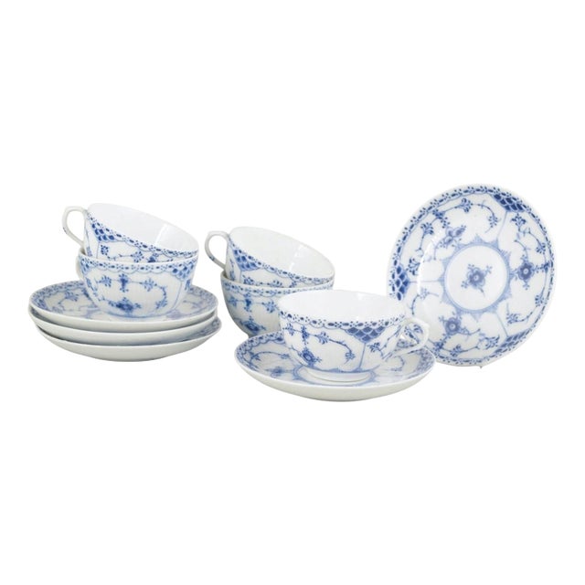 Blue Fluted Half Lace Cups and Saucers from Royal Copenhagen, 1920s, Set of 10 For Sale
