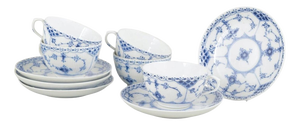 Blue Fluted Half Lace Cups and Saucers from Royal Copenhagen, 1920s, Set of 10