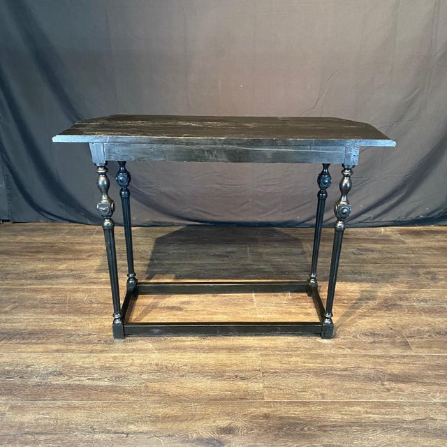 Elegant Spanish ebony black side table, sofa table, console table or accent table with hand turned and reeded legs and...