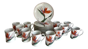24 Pieces - 1980's Birds of Paradise Mug and Plate Set