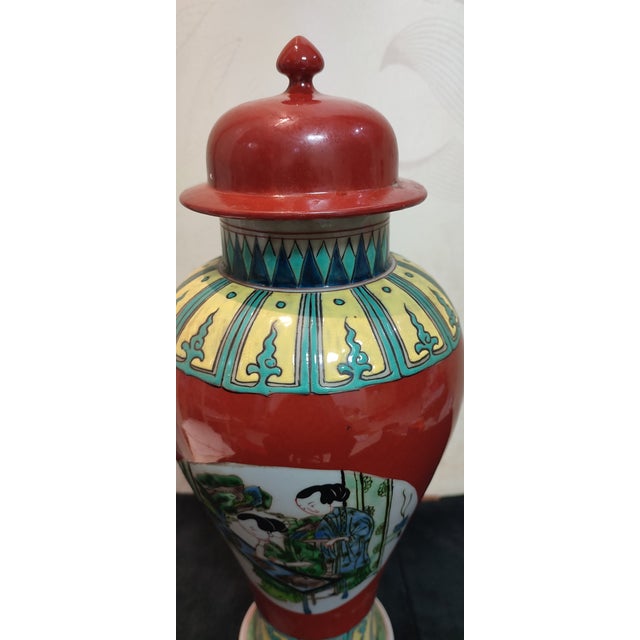 Ceramic Chinese Ceramic Pot Qing Dynasty Kangxi Marked Red Ground Famille Verte Porcelain Ginger Jar Hand Painted Figures Story Pattern For Sale - Image 7 of 10