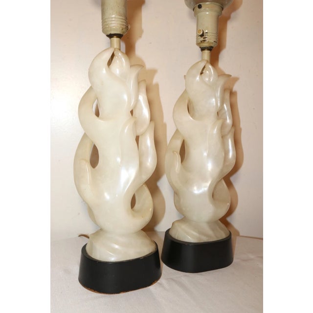 Share Large Pair of Antique Hand Carved Alabaster Stone Wood Flame Fire Table Lamps For Sale - Image 4 of 12