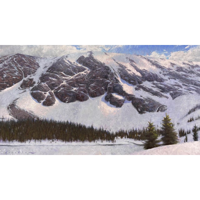 McCullough Gulch by Cody Erickson | Oil on Paper Landscape of snowy mountains and trees For Sale