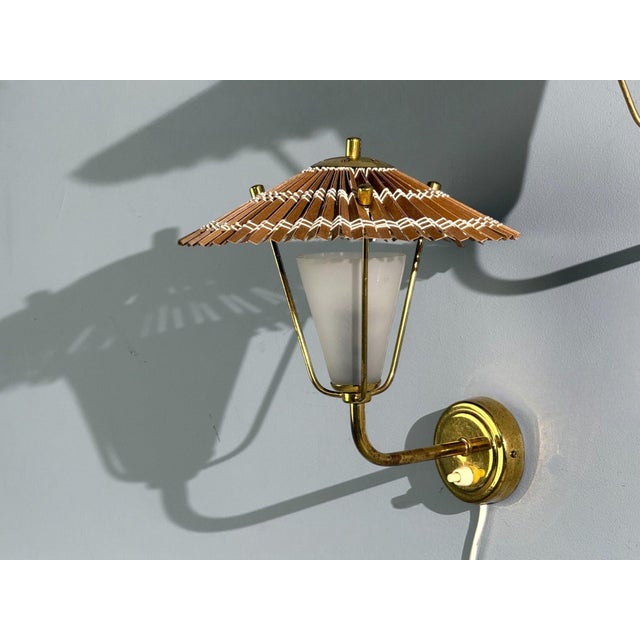 1950s Valinte Oy, Wall Lights, Polished Brass, Frosted Glass, Rattan, Finland, 1950s For Sale - Image 5 of 10