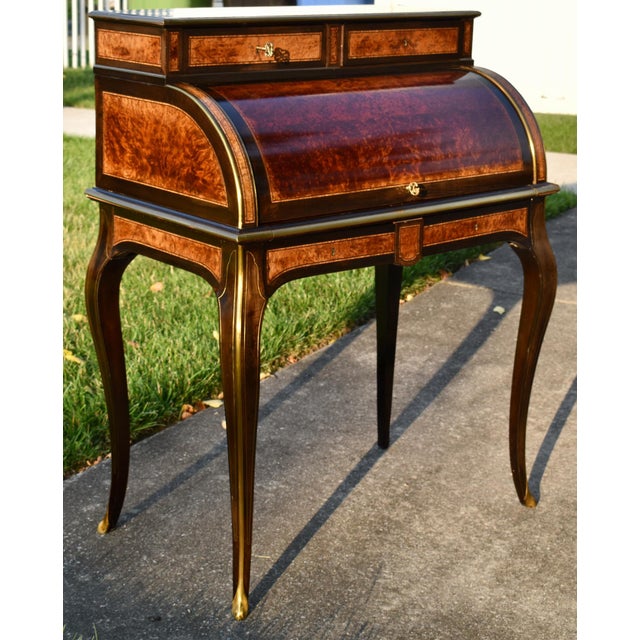Antique French Walnut Desk Burl Brass Inlay Cylinder Roll Style Bureau Ormolu For Sale - Image 10 of 16