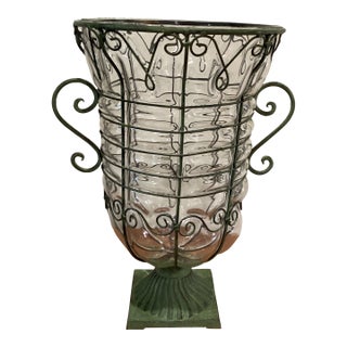 Large Hand Blown Caged Glass Footed Vase Wrought Iron Frame Scroll Handles For Sale