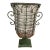 Large Hand Blown Caged Glass Footed Vase Wrought Iron Frame Scroll Handles For Sale