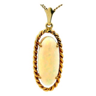 Vintage Italian 18k Gold Oval White Opal Rope Frame Pendant For Sale