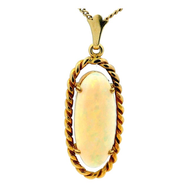 Vintage Italian 18k Gold Oval White Opal Rope Frame Pendant For Sale