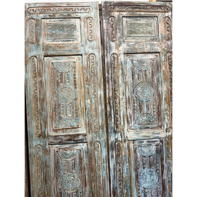 Wood Antique Carved Wooden Door in Distressed Blue | Floral Indian Bedroom Entry Doors 96x31.5 For Sale - Image 7 of 10