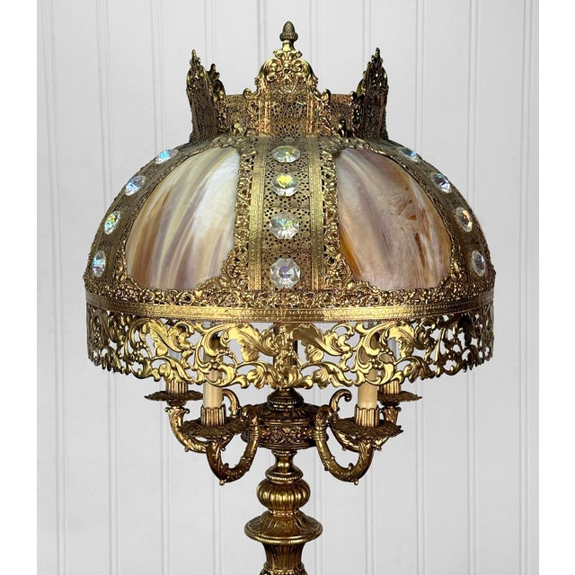 Vintage 40" Hollywood Regency Gold Slag Glass Jeweled Crown Table Lamp For Sale - Image 4 of 13