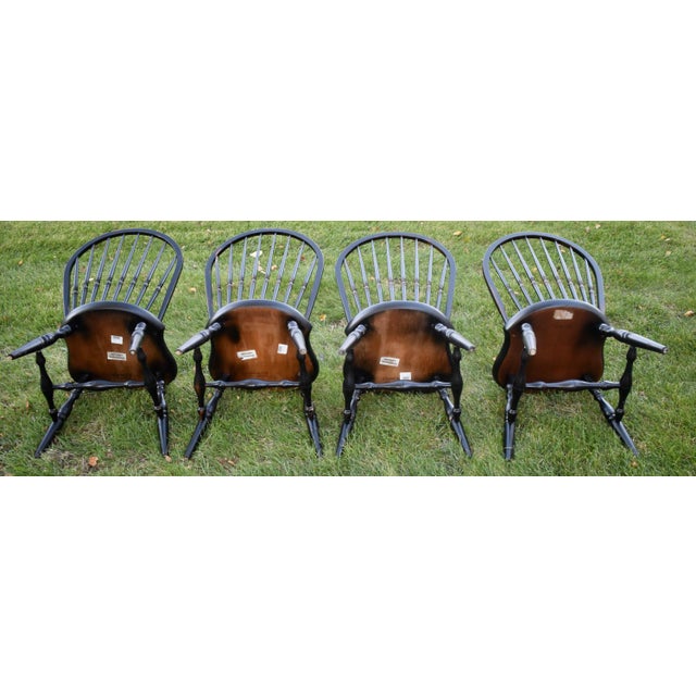 4 Ethan Allen Oak Dining Chairs Vintage Distressed Black Farmhouse Bow Back For Sale - Image 11 of 18