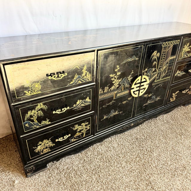 Vintage Chinese Black and Gold Hand Painted Dresser With Mirrors - 3 Pieces For Sale - Image 9 of 12