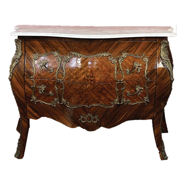 Louis XV Style Marquetry Commode with Marble Top and Brass Ornaments, 1920s For Sale