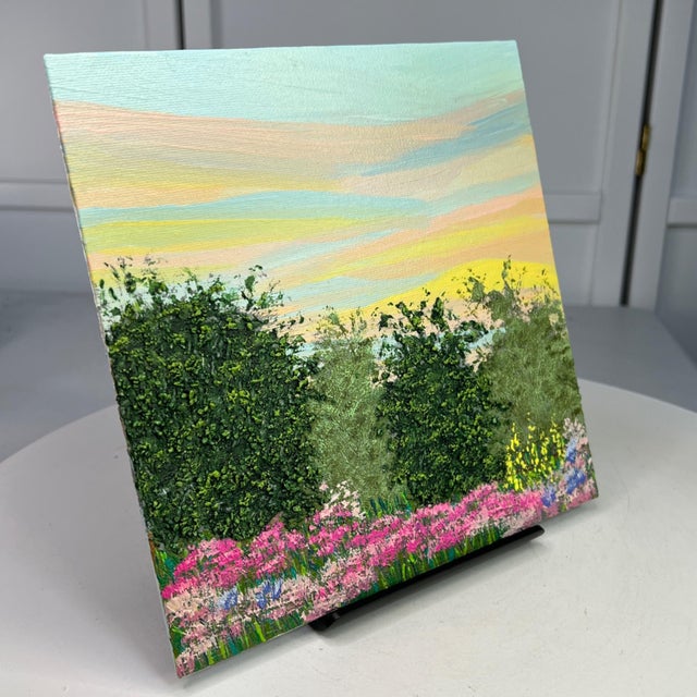 Contemporary Morning Meadow Acrylic Painting Sunrise Landscape 8"x8" Original Signed Artwork For Sale - Image 3 of 7