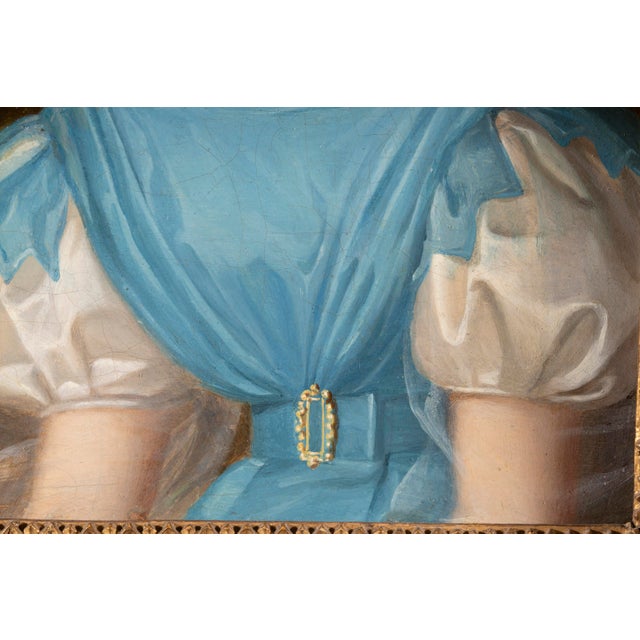 Unknown, Portrait of a Young Lady in Blue Empire Dress, 1800s, Oil on Canvas For Sale - Image 3 of 14