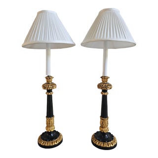 Pair of Charles X St. Giltwood and Black Enamel Candlesticks Mounted as Lamps For Sale