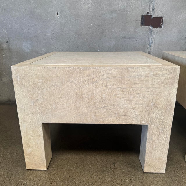 1980s Pair of Vintage Beige Wood & Travertine Side Tables For Sale - Image 5 of 12