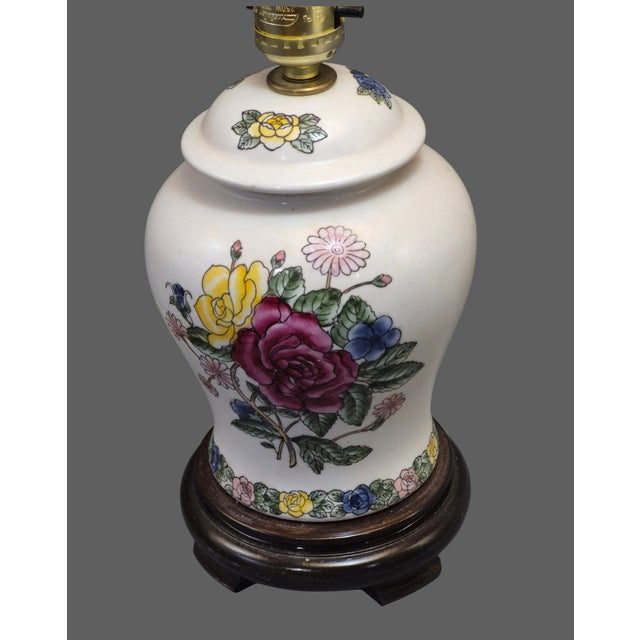 Vintage Romantic Painted Porcelain Floral Roses Boudoir Table Lamps - Pair For Sale - Image 4 of 10