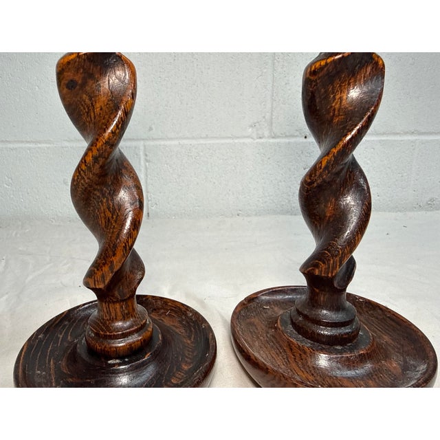 Pair Antique 19th Century Barley Twist English Wood Candlesticks Candle Holders For Sale In New York - Image 6 of 12
