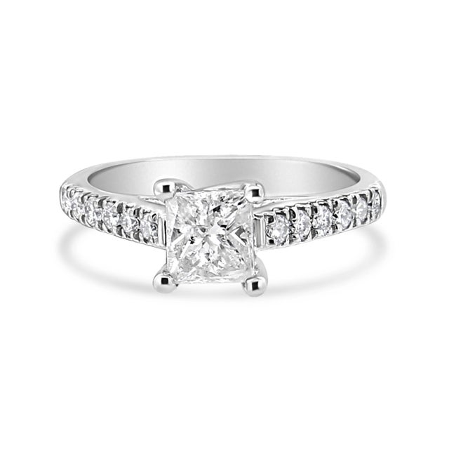 Contemporary 14K White Gold 1 1/5 Cttw 4-Prong Set Princess Diamond Classic Engagement Ring Ring Size 8 For Sale - Image 3 of 6