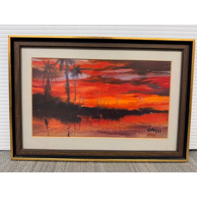 Paint J. Chang Tropical Sunset Palm Trees Watercolor Painting, Signed For Sale - Image 7 of 12