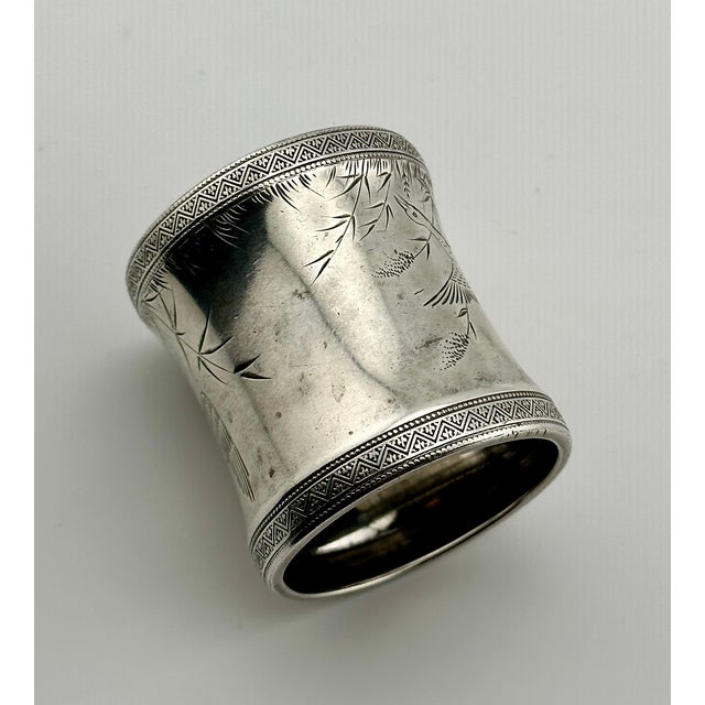 Fine Large 1880s Antique Victorian Hand Engraved Stering Silver Napkin Ring With Wild Turkeys in Flight for "Hattie" For Sale - Image 9 of 17