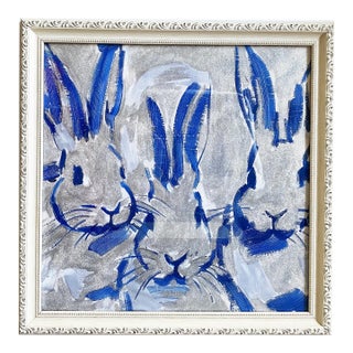 Bunny Hop Original Painting by Tatiana Duperault Abstract Framed Bunny Art Chinoiserie Style For Sale
