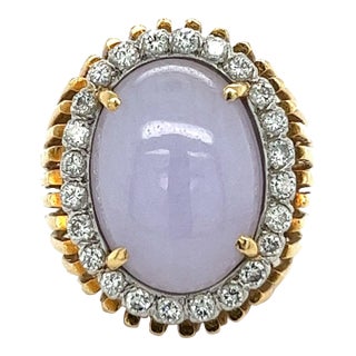 Certified 18K Gold Lavender Jade and Round Diamond Halo Ring, Size 7 For Sale