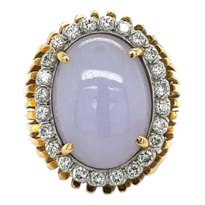 Certified 18K Gold Lavender Jade and Round Diamond Halo Ring, Size 7