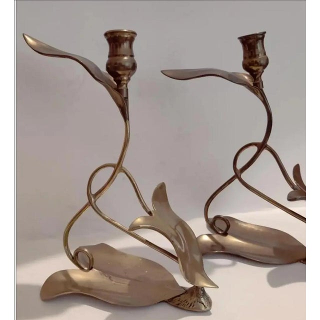 Art Nouveau Circa 1980s Dolbi Cashier Brass Art Nouveau Leaf Candle Holders- A Pair For Sale - Image 3 of 6