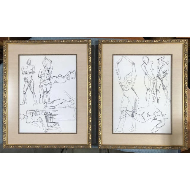 Nude Female Figurative Pencil on Paper Drawings in Gold Tone Frame, Pair For Sale - Image 4 of 7