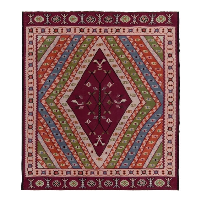 1920s Antique Tribal Kilim in Rare Bordeaux With Vibrant Geometric Patterns For Sale