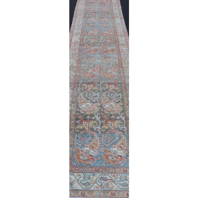 Fine Antique Persian Malayer Runner in Soft Tones of Blue, Red, Brown and Cream 3'5 X 18'5 For Sale - Image 9 of 16