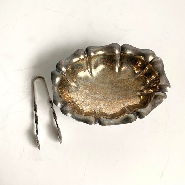 Vintage Footed Sugar Cube Bowl With Shell Tongs Silver Plated For Sale - Image 11 of 12