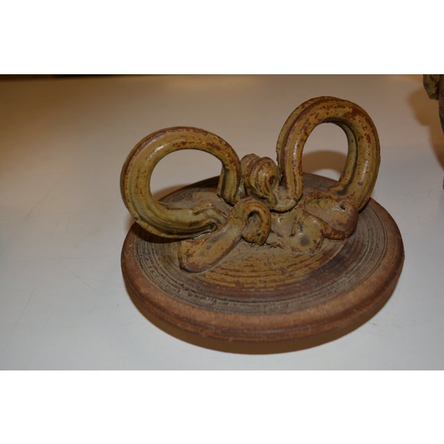 Ceramic Studio Art Pottery Large Brown/Tan Cannister Container With Carved Face / Handles & Lid For Sale - Image 7 of 14