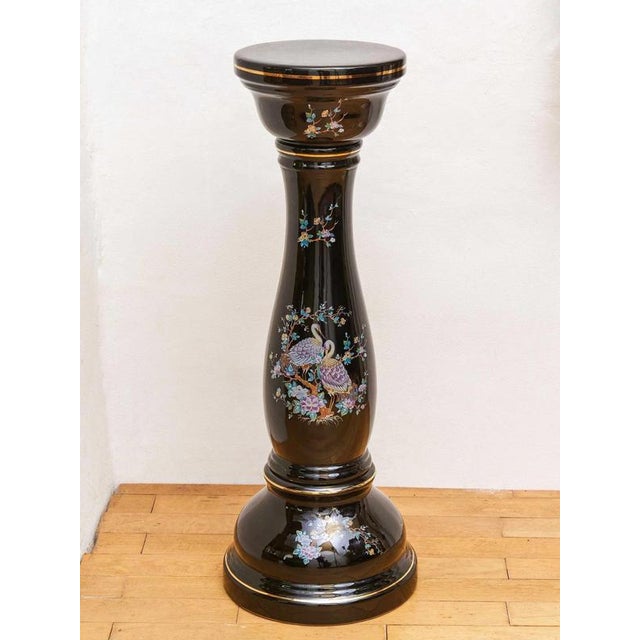 Black Porcelain Planter on Pedestal with Peacock Decor For Sale - Image 8 of 9