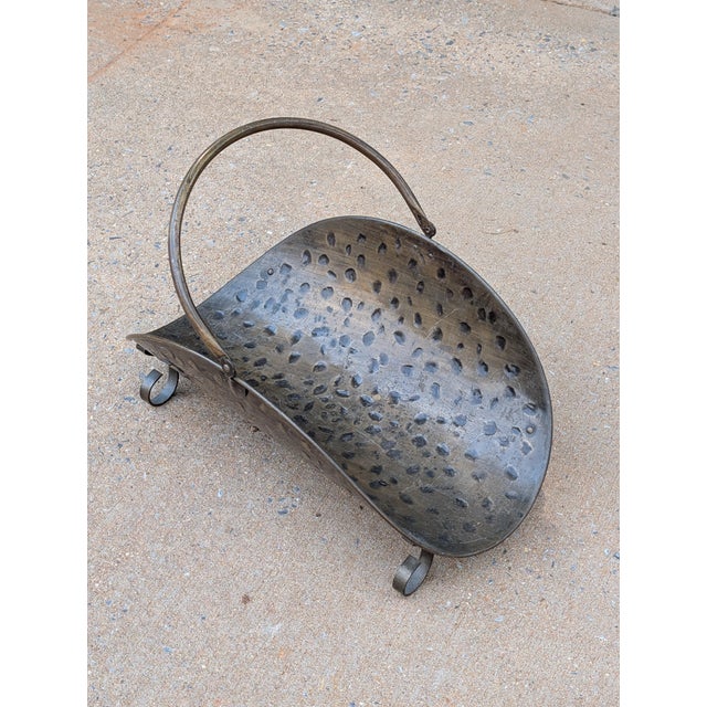 Vintage Hammered Brass Log Holder With Swing Handle - Firewood Carrier & Fireplace Decor, Rustic Home Accent For Sale - Image 4 of 5