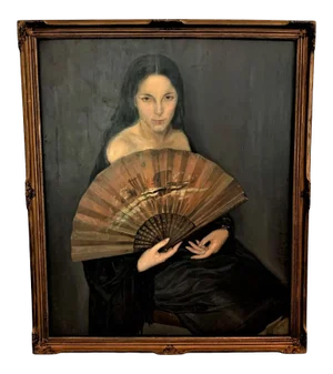 Vintage Argentinian Lady With a Fan Painting Signed V. E. R., Framed
