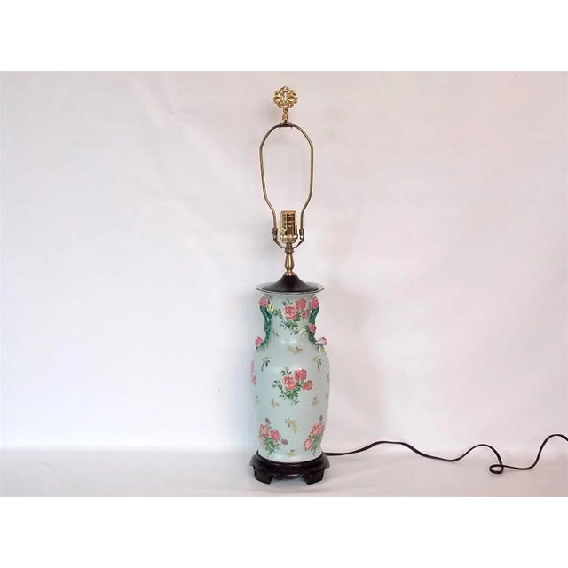 Light Green 1950s Asian Rose Porcelain Lamp For Sale - Image 8 of 8