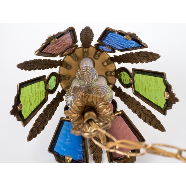 1960s Spanish Gothic Brass 3-Light Lantern With Multi-Color Stained Cathedral Glass For Sale - Image 11 of 12