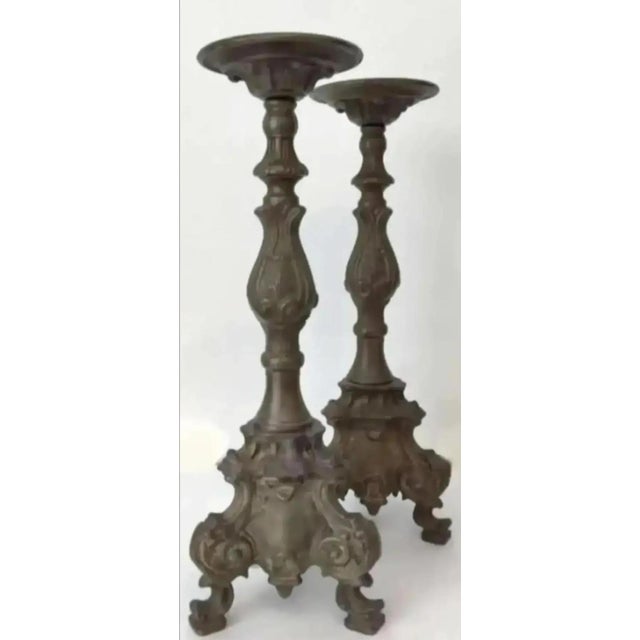 Rococo Vintage Bronze Altar Style Candle Holders- A Pair For Sale - Image 3 of 9